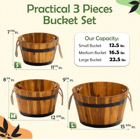 🤎3 Brand New w/o tags Rustic Wooden Buckets with Rope Handles🤎